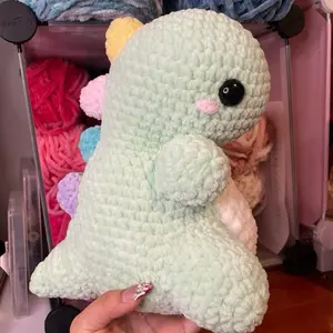 Big Dino Crochet Plushie - Soft Mint Green Dinosaur Toy with Large Black Eye and Pink Cheeks