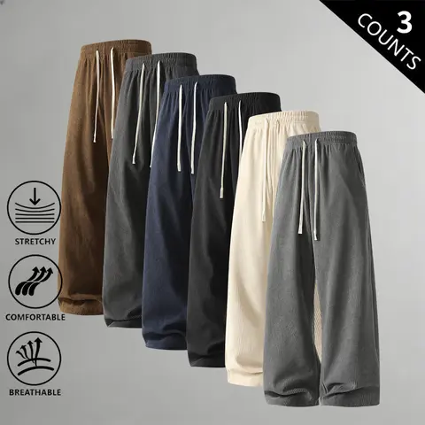 Men's 3-Pack Plain Corduroy Straight-Leg Pants, Menswear for Autumn-Winter, Loose Fit, Drawstring Closure, Thick Composite Fabric, Versatile Casual Long Pants
