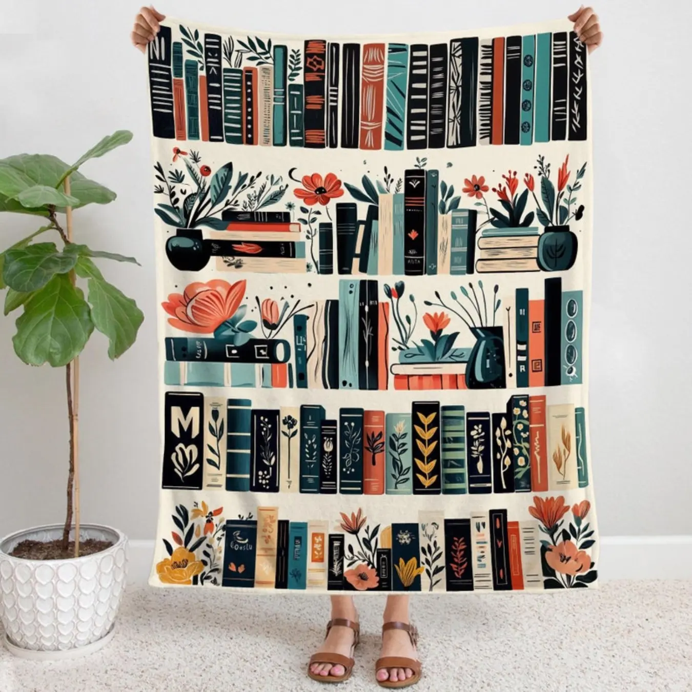 Vintage Bookshelf Library Throw Blanket, Cottagecore Book Wildlowers Blanket Gift For Book Lover Library Gift Floral Bookish Gift For Reader Blanket All-Season Home Bedroom Bed Sofa Picnic Cover  Family Friends  Perfect Gift Christmas Present