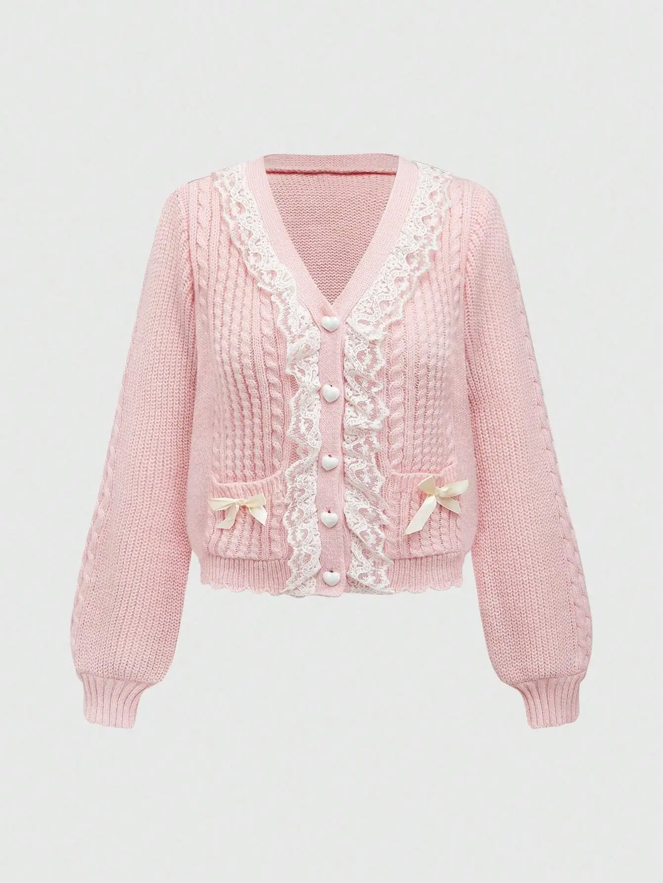 LALUZ Women's Himekaji Kawaii Sweet Pink Lace Patchwork Bow Decor Button Front Cardigan Knit Sweater Cozy Fall Outfit Aesthetic