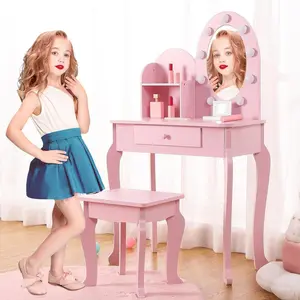 Kids Vanity - Vanity Desk with Mirror Lights - Girls Vanity with Drawers and 3 Light Modes - Wooden Princess Makeup Desk Dressing Table - Pink