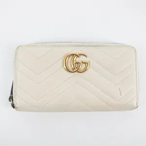 Pre-owned GUCCI Leather small leather goods Ivory GG Marmont Round Zipper Long Wallet #2285