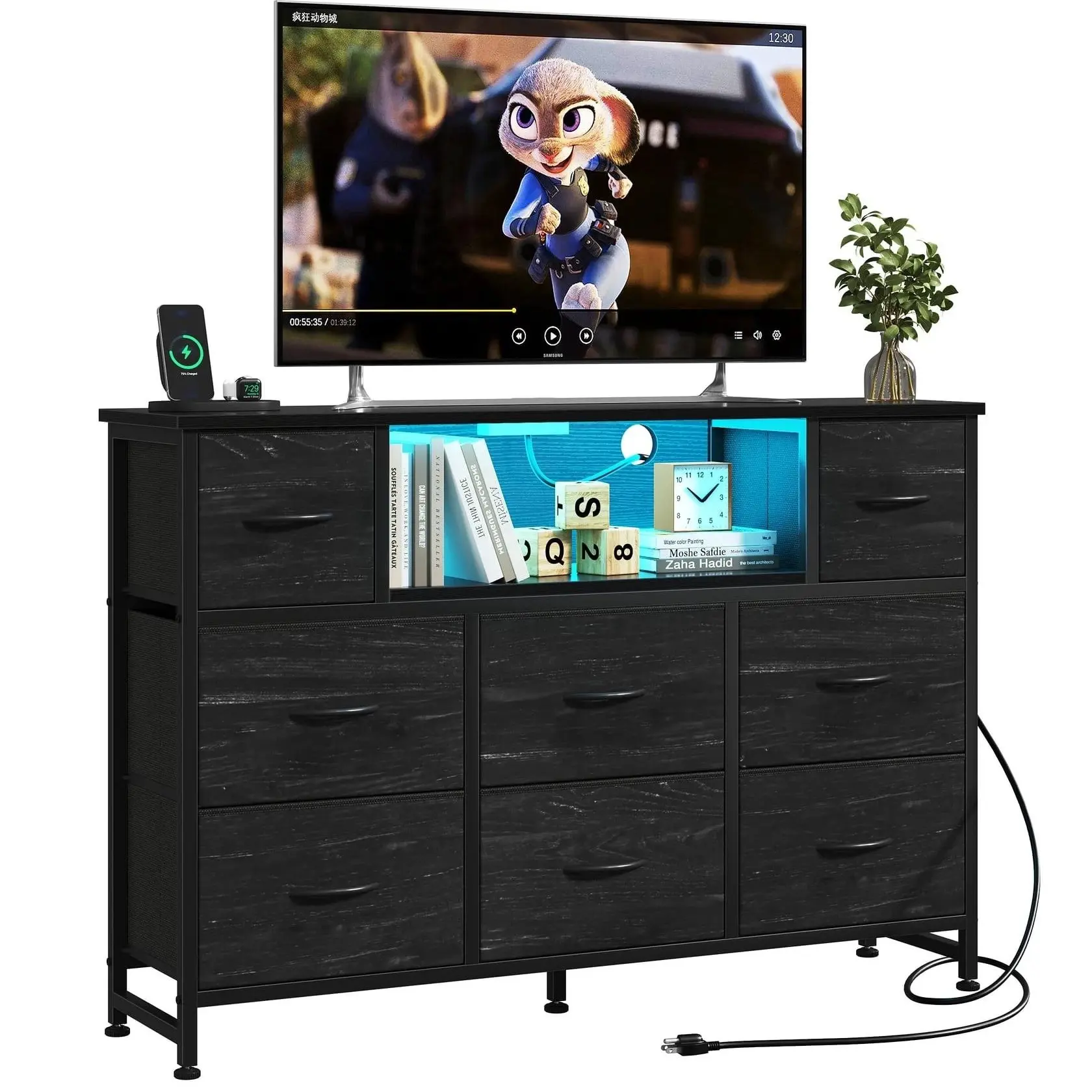 Led Dresser for Bedroom, TV Stand for Bedroom with LED Lights and Power Outlet, Wide Chest of Drawers for Hallway, 8 Fabric Drawers for Living Room and Entryway, Charcoal Black Wood Grain Print A storage cabinet with 8 fabric drawers