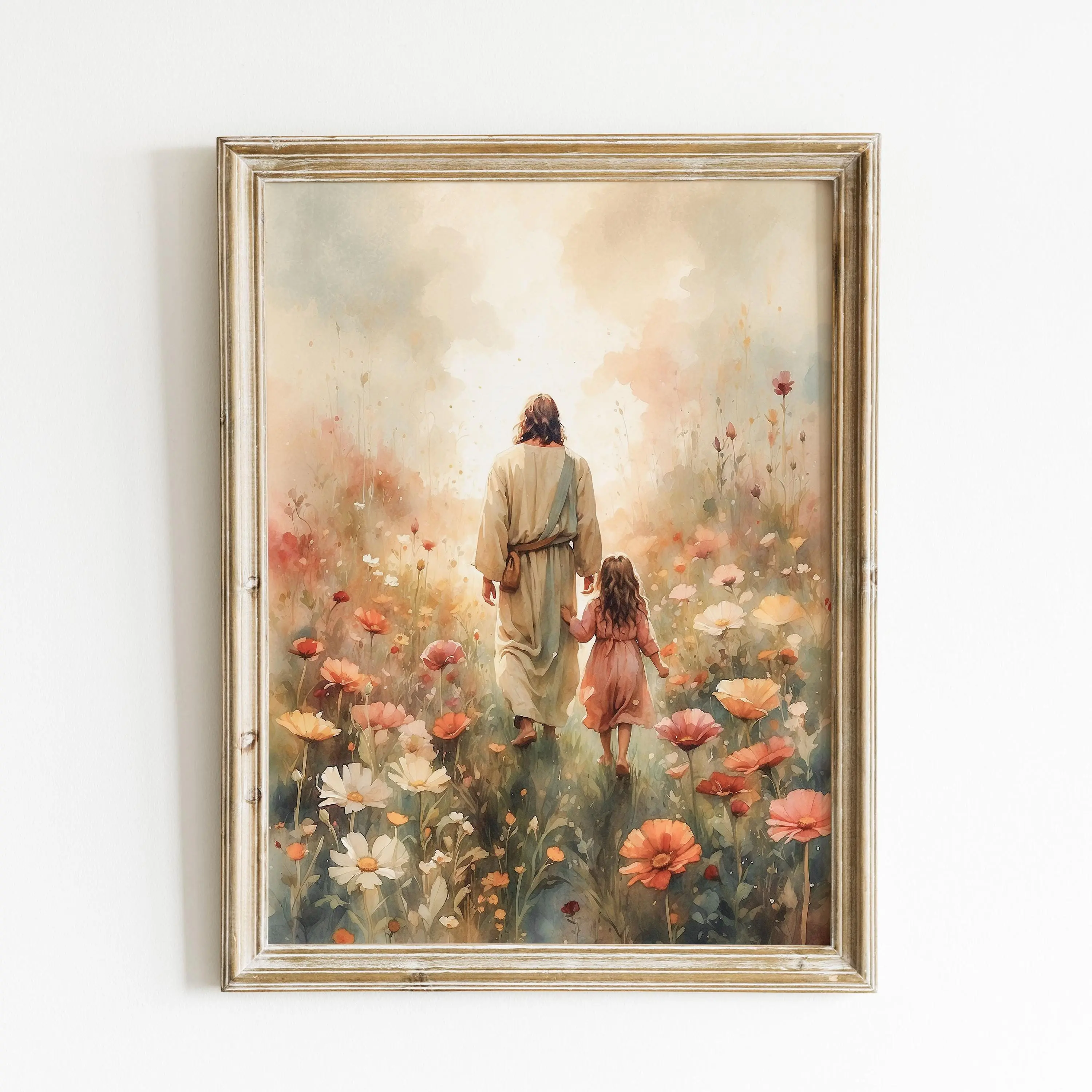 [Unframed] Jesus Walking the Path with a little girl, Come Follow me Jesus Watercolor Painting, Christian Gift Art, Bible Fine Art Print.