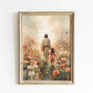 [Unframed] Jesus Walking the Path with a little girl, Come Follow me Jesus Watercolor Painting, Christian Gift Art, Bible Fine Art Print.
