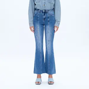 Hight Rise Flare Jeans With Raw Hem Womenswear Bottom Fabric Cotton Denim Streetwear Pants Trouser Basic Fitted