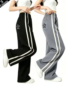 American retro star embroidery side stripes high-waisted wide-leg sweatpants for women — drapey, wrinkle-resistant, thin straight-cut athletic casual pants, bestselling long pants, versatile for all seasons, suitable for campus and street wear,summervibes
