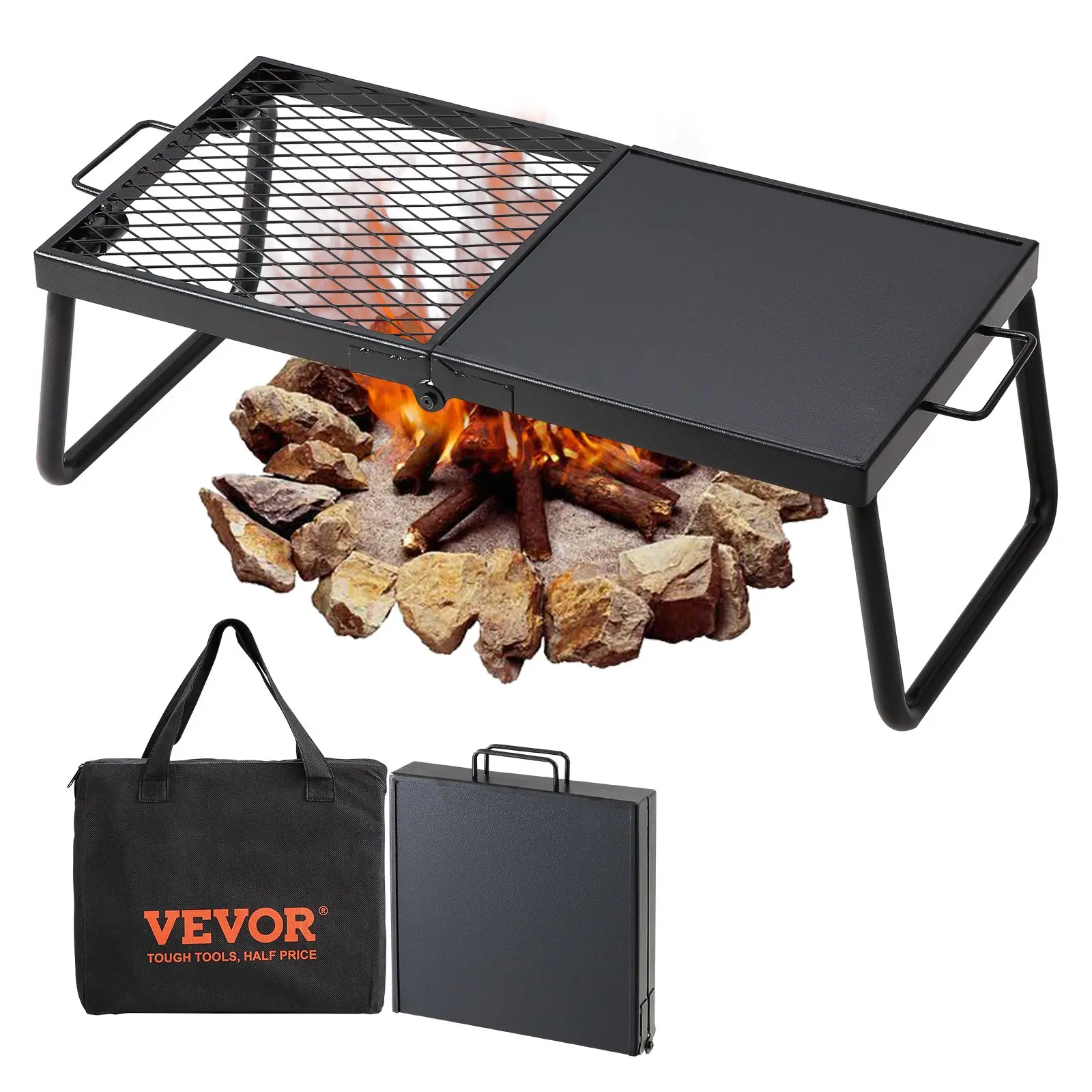 【summerfinds】VEVOR Folding Campfire Grill, Heavy Duty Steel Mesh Grate, 22.4" Portable Camping Grates Over Fire Pit, Camp Fire Cooking Equipment with Legs Carrying Bag, Grilling Rack for Outdoor Open Flame Cooking, Camping Gear, Outdoor Camping Supplie