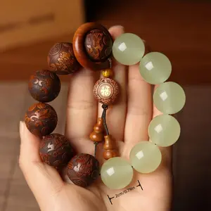 Vintage Prayer Beads Bracelet for Meditation - 12mm Lacquered & 20mm Hand Carved Wooden Beads, Tassel Pendant Unisex, Perfect Couple Gift