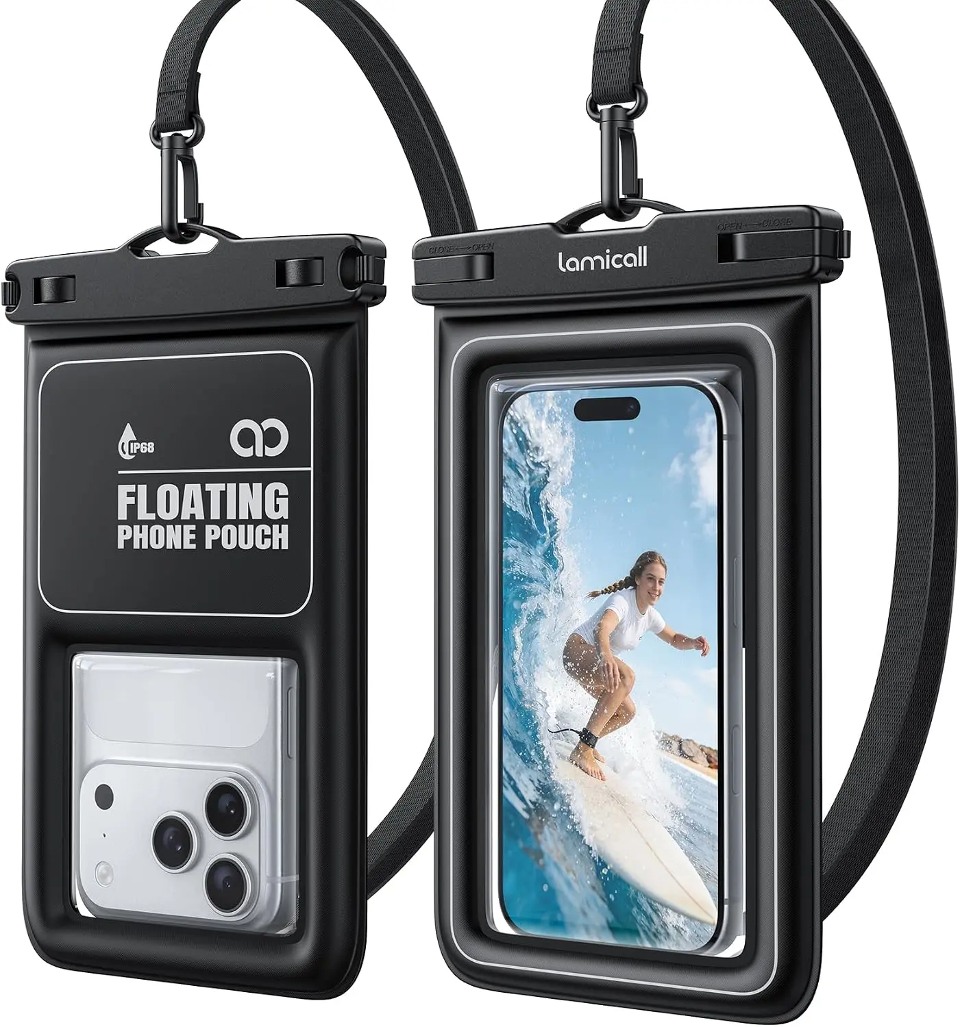 Lamicall IP68 Floating Waterproof Phone Pouch, 2 Pack Waterproof Phone Case | 100ft Waterproof, HD Underwater Photos, Touchscreen for iPhone 17 16 15 14 13 Pro Max, Galaxy S26 S25 S24 Ultra, Fit 4-8.5"
