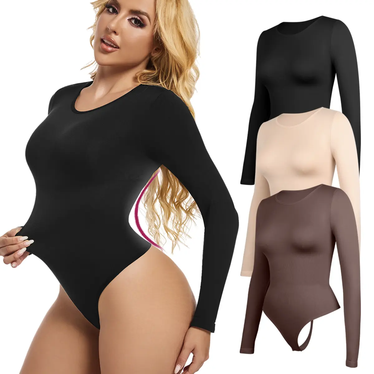Women's Long Sleeve Shapewear Bodysuit with Tummy Control and Butt Lift, Solid Scoop Neck Soft Compression Top for Casual Layering, Lady