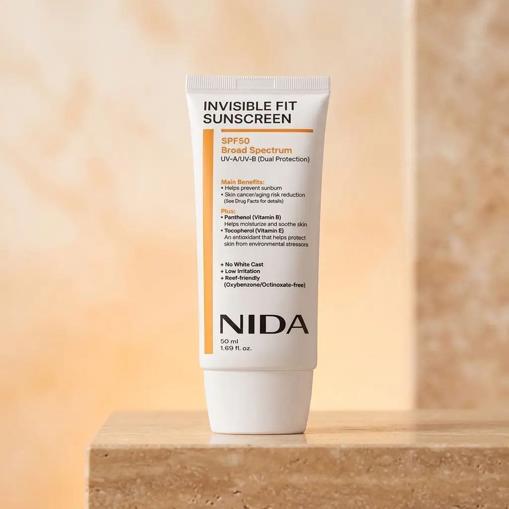 NIDA Invisible Fit Sunscreen SPF 50 Broad Spectrum - Lightweight Facial Sunscreen with No White Cast for Sensitive Skin (1.69 fl oz)