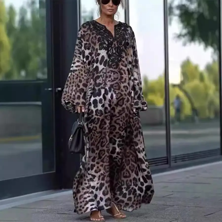 Autumn loose leopard print long-sleeved plus size dress