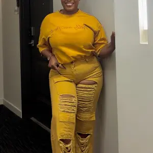 Yellow Distressed Ripped Jeans & Matching Sweatshirt Set for Women