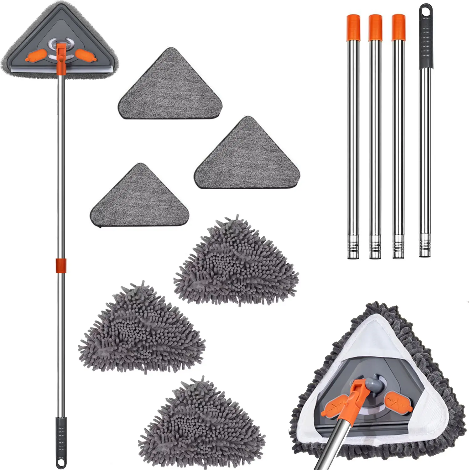 Microfiber Cleaning Mop Kit with 85in Adjustable Extension Pole - Polyester Home Care Supplies, Squeegee, Baseboard Duster, Ceiling Tool, 6 Replacement Pads for Painted Walls, Windows