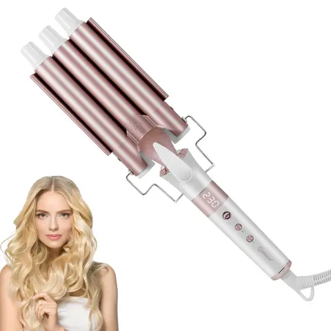 Hatteker 3 Barrel Ceramic Curling Iron - Anti-Scald Design, PTC Heating, LCD Display, Multi-Level Temp Control, US Plug, Auto Off Safe, Creates Hollywood Waves, Beach Hair, Continuous Waves for Daily Hairstyle (All Hair Types/Lengths)