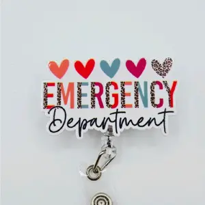 Emergency Department with Hearts Acrylic Retractable Badge ID Reel Belt or Alligator Clip
