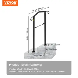 VEVOR Handrails for Outdoor Steps,  Fit 1 or 2 Steps Outdoor Stair Railing, Arch#1 Wrought Iron Handrail, Flexible Porch Railing, Black Transitional Handrails for Concrete Steps or Wooden Stairs Visit the Happybuy Store