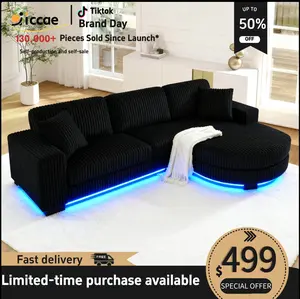 【Sub 3 packages】Niccae Modern Floor Sofa with 2 Pillows, Convertible Teddy Fabric Foam Filled Sleeper Sofa, Corduroy Tufted Upholstered Lounger, L-Shaped Modular Sectional with Ottoman, Left & Right Placement, Home Office Living Room Bedroom Apartment