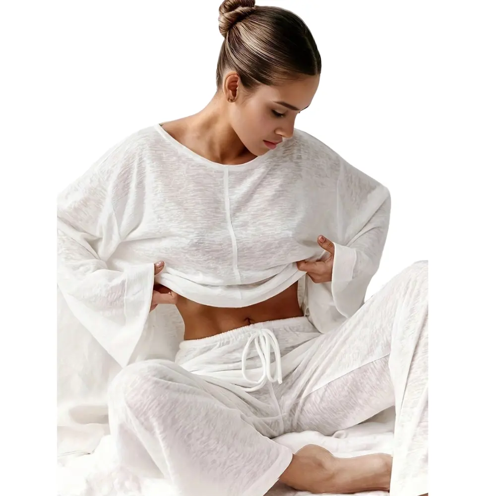 2-Pack Women's Lightweight Sheer Pajama Set – Long Sleeve Top & Loose Pants, Cozy Loungewear for Spring Summer
