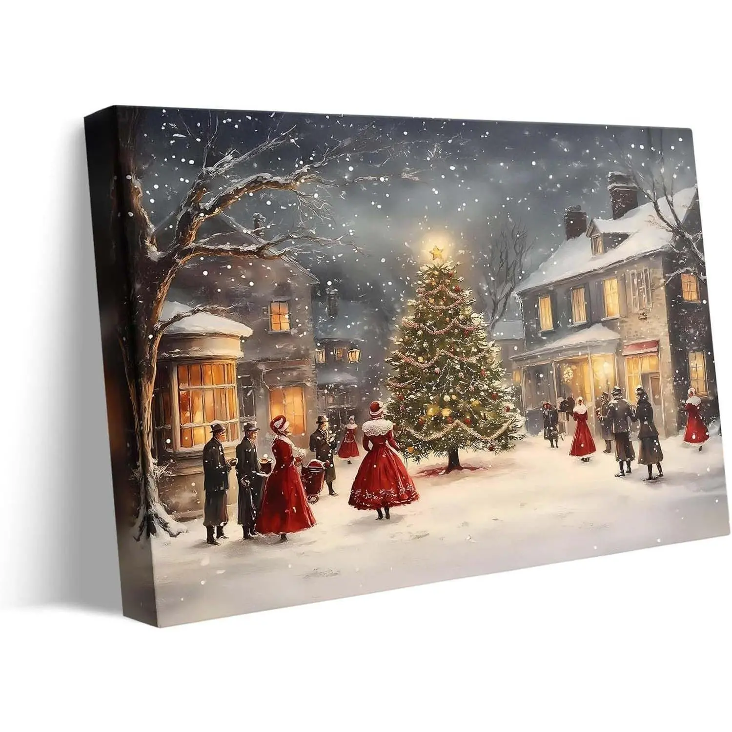 Christmas Canvas Wall Art – Snowy Village with Glowing Christmas Tree, Festive Winter Scene Canvas Artwork for Living Room, Bedroom, or Kitchen Holiday Décor