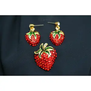 Rhinestone Strawberry  Pin Brooch & Earrings Set, Red Ruby Crystal Strawberry Jewelry Set, Strawberry Festival Gift