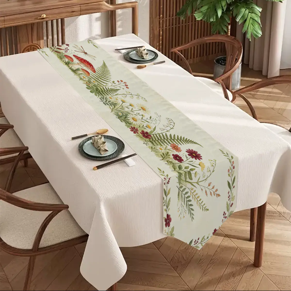 Vintage Watercolor Forest Motif Table Runner - Red Spotted Mushroom, Dragonfly, Wild Daisy, Fern Print Polyester Table Scarf - Cottagecore Farmhouse Machine Wash Home Room Decor for Dining, Kitchen