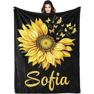 Personalized Sunflower Blanket with Name & Initials - Custom Gift for Women, Men & Childs |   Lightweight Soft Throw for Couch, Bed, Picnic & Travel
