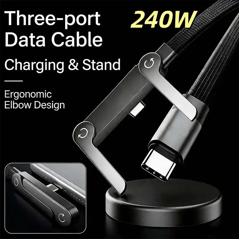 Invisible Holder Charger Cable with Stand, 240w super fast charging 2-in-1 Fast Charging Cord & Phone Stand for Gaming, Office, Car Travel, Compatible with iPhone Samsung Type-C charging cable Black Electronic Smartphone
