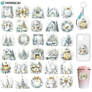 30 Piece Silver Color Christmas Stickers Set, Elegant Snow Scene Gold Foil Design, Waterproof Scratch Resistant Film for Glass Cups Mugs Furniture