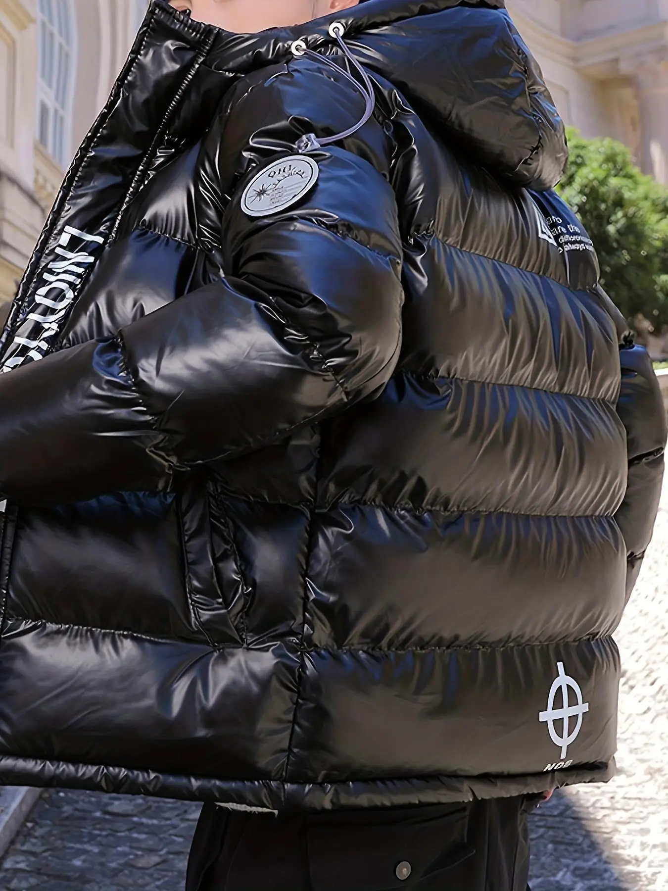 Men's Letter Print Patched Drawstring Hooded Winter Coat, Regular Fit Winter Jacket, Casual Long Sleeve Pocket Zipper Outerwear for Fall & Winter, Men