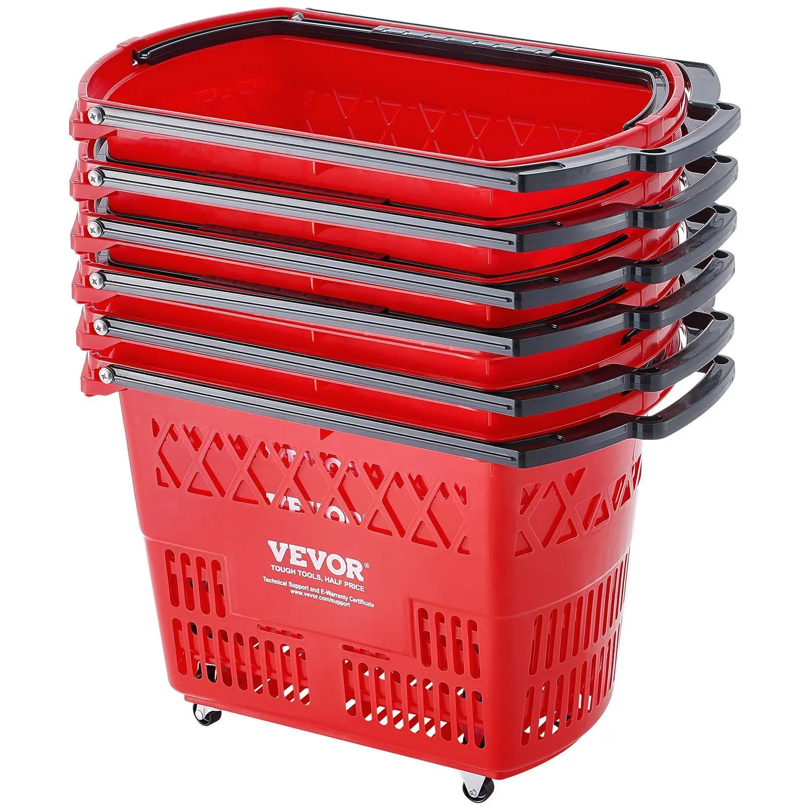 VEVOR Shopping Baskets, 6PCS, 39L Shopping Carts with Handles, Plastic Rolling Shopping Basket with Wheels, Large Portable Shopping Basket Set for Supermarkets, Retail Stores, Grocery Shopping, Red Organiser Household#BacktoSchool