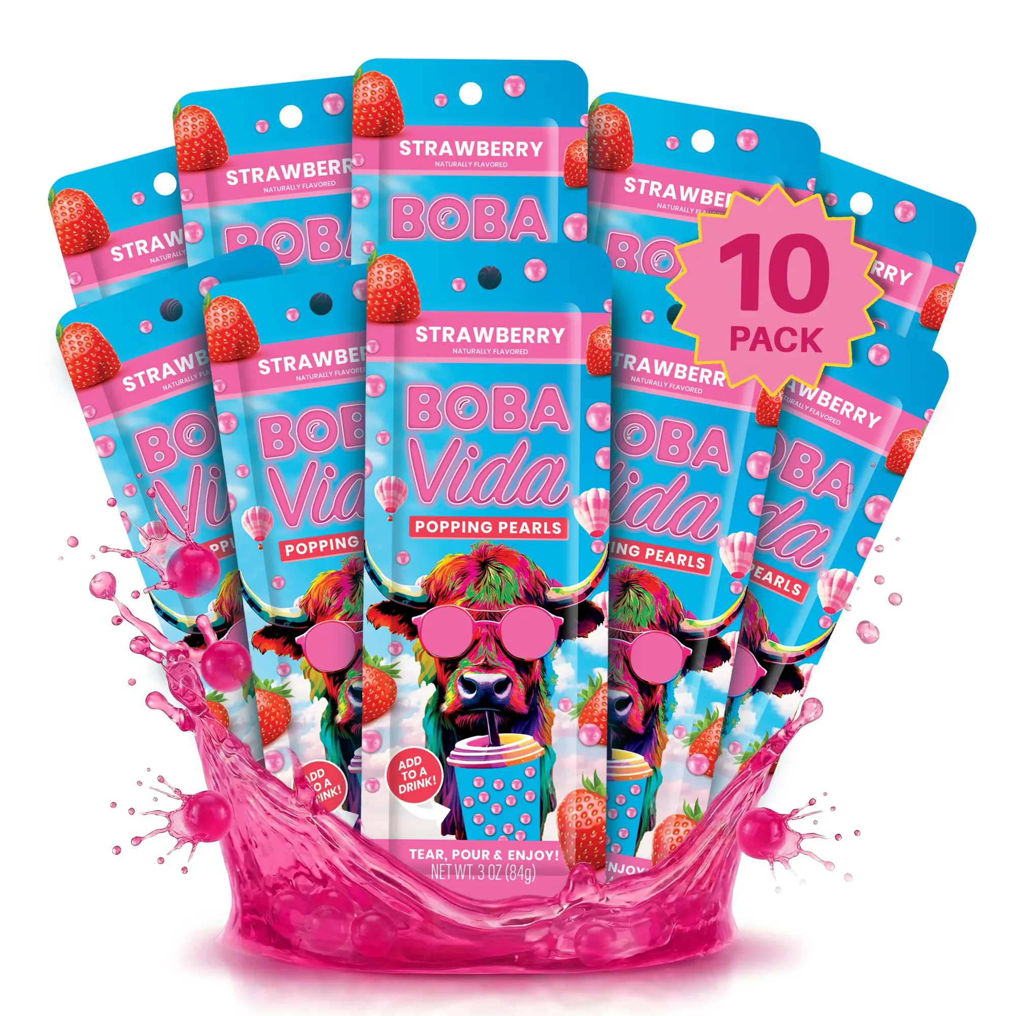 Strawberry Popping Boba (10-Pack with Straws) Bursting Fruit Juice boba Pearls for Beverage Drinks, Bubble teas & Desserts | Vegan, Gluten-Free | Tapioca pearls alternative, Soy-Free & Dairy-Free | No Corn Syrup or Preservatives | Long Shelf Life