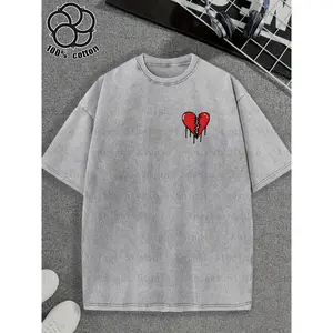 Valentine'S Day Red Broken Heart Pattern Print, Washed Vintage Unisex T-Shirt for Summer, Y2K Style, Popular Loose Pure T-Shirt, Trendy Retro, Everyday Fashion, Round Neck