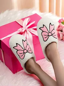 Women's Cute Cartoon Bowknot Pattern Plush Slippers, Casual Soft Comfortable Home Slippers, Warm House Slippers for Indoor & Outdoor Use for Fall & Winter