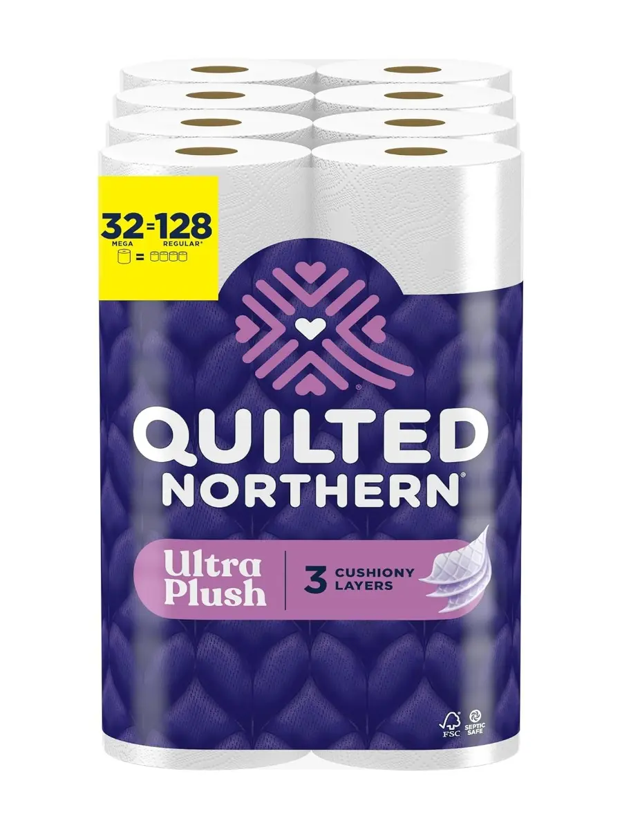 Quilted Northern Ultra Plush 3-Ply Toilet Paper, 32 Mega Size Rolls (Equals 128 Regular Rolls), 3X Thicker Cushioned, Super Soft, Unscented, Dye Free, Low Linting, Highly Absorbent, Long-Lasting Home Care Bathroom Tissue, 32 Mega Rolls