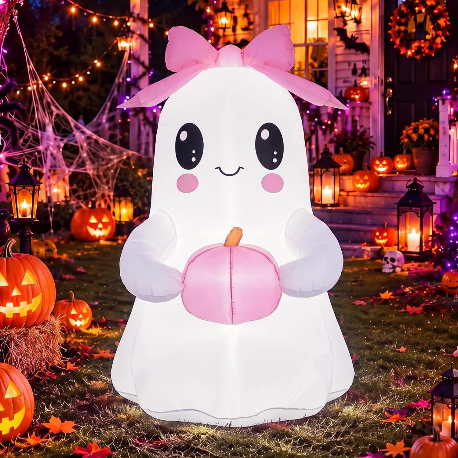 6 FT Halloween Inflatable Ghost Outdoor Decorations Pink Bow Ghost Blow Up Yard Decoration with LED Lights Pumpkin Cute Halloween Outdoor Inflatables Decor for Yard Party Lawn Gardenspooky season decor, spooky yard decor, halloween yard decor, halloween g