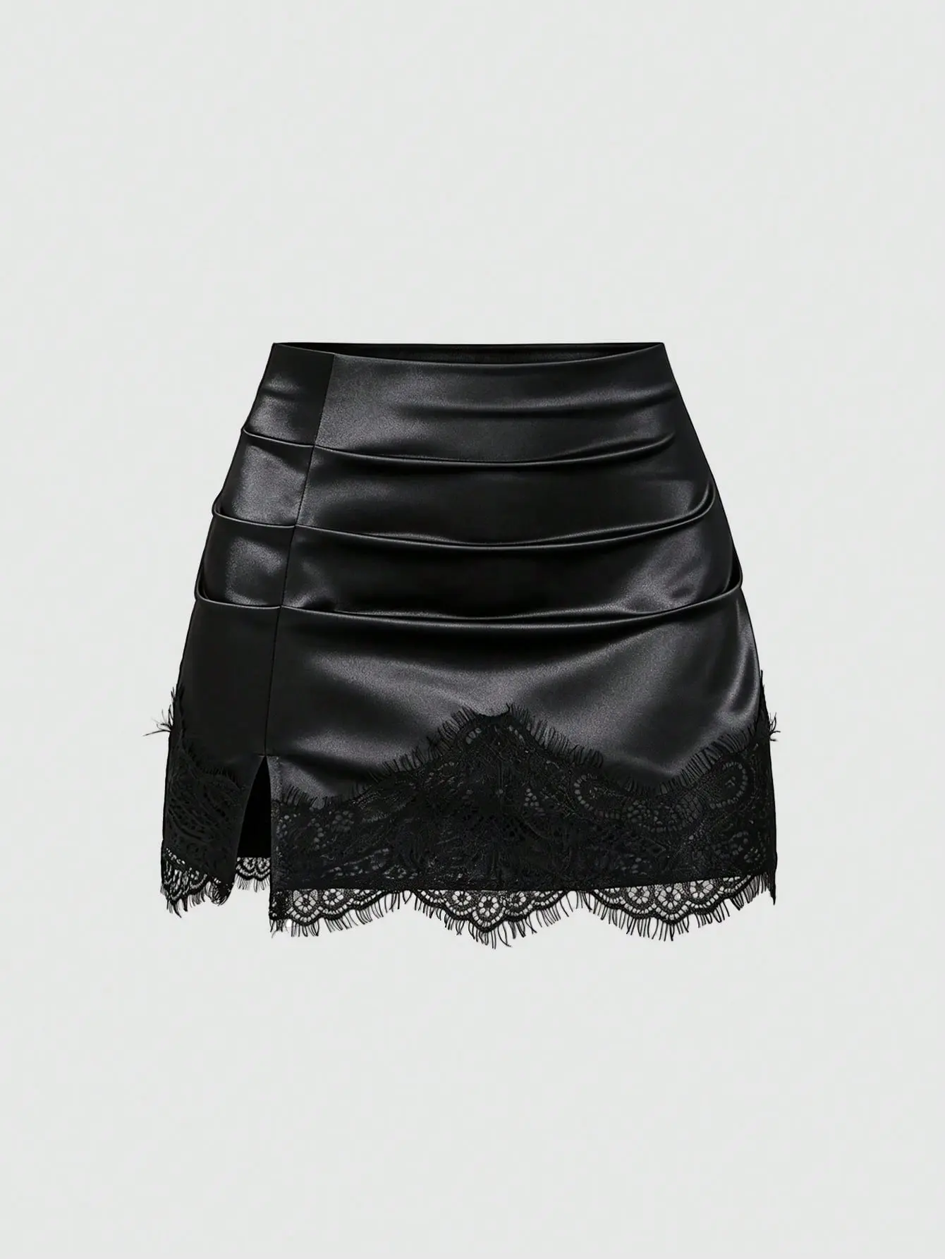 Summer Fashion New American Minimalist Black Satin Tight Lace Patchwork Anti-Exposure Short Skirt, Casual Streetwear