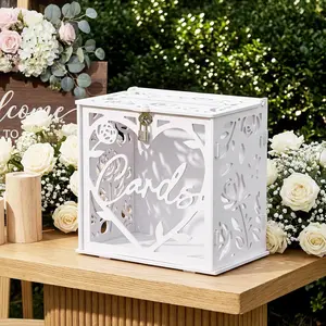 White Wedding Card Box with Lock, 10 x 6 x 10 in Medium Money Gift Box PVC with Acrylic Window for Wedding Envelope Honeymoon Money Holder for Graduation Baby Shower Birthday