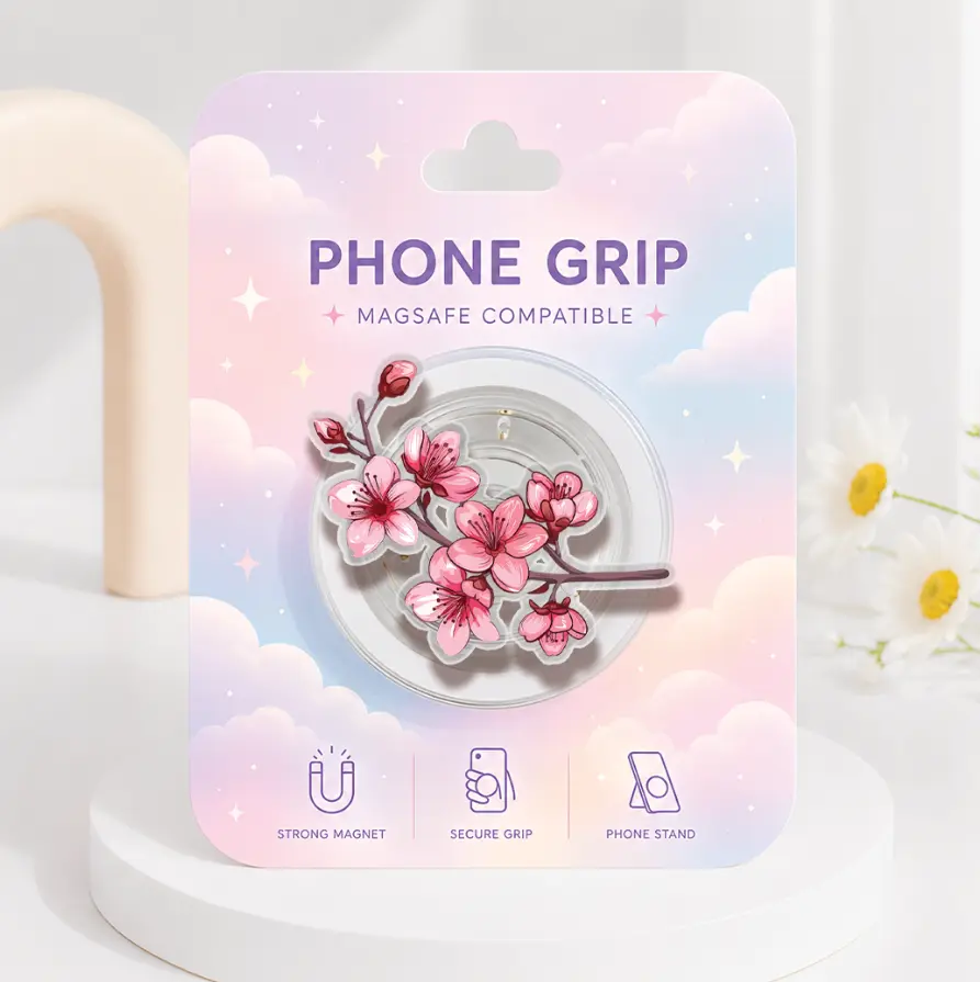 ATBG Peach Blossom Flowers MagSafe Phone Grip, Cute Botanical Magnetic Phone Holder, Cute Pink Sakura Pop Socket, Spring Flowers Acrylic Kindle Grip, Gift for Her