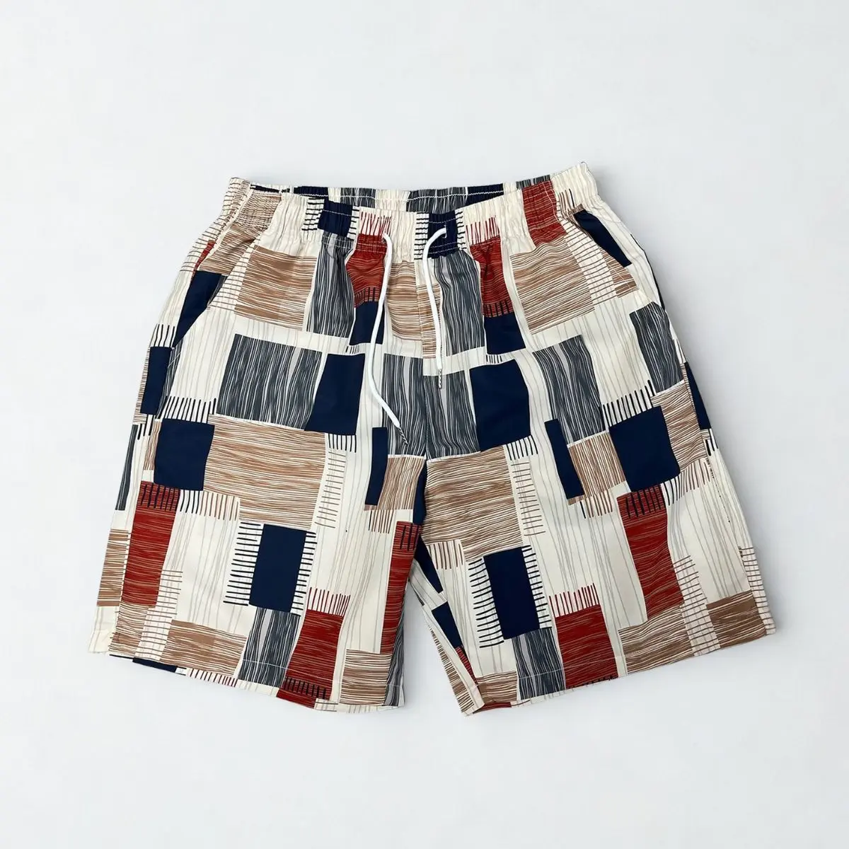 Men’s Retro Geometric Color-Patched Casual Breathable Shorts - Lightweight Stylish Beachwear, Summer Versatile Menswear Bottoms
