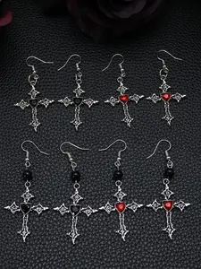Vintage Gothic Cross Heart Dangle Earrings, Antique Silvery Punk Witchy Jewelry with Black Bead, Dark Y2K Accessories for Women