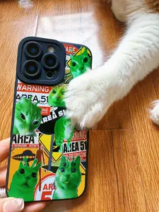 Cat Area 51 Smartphone Casing, Compatible with iPhone 11-17, Funny UFO Conspiracy Theory Meme Design, Quirky Green Kitty Protective Bumper Cover for Sci-Fi Lovers, Mobile Phone Accessories for Cellphone Devices