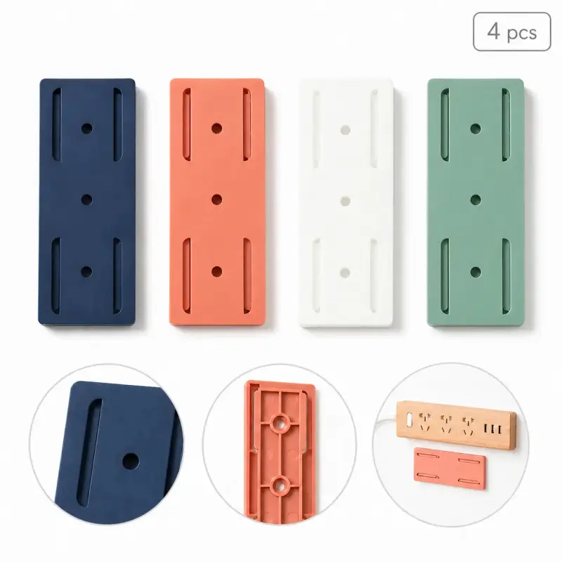 4PCS No-Drill Power Strip Holder, Self-Adhesive Wall Mount Socket Organizer for Cable Management, Desk, Kitchen & Home Office