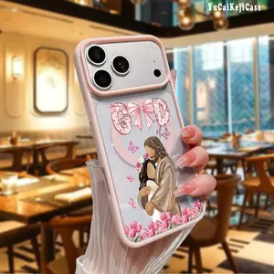Magnetic Phone Case for iPhone 17/16 Pro Max 15 Pro 14 13 12 Mini 11 XR XS Plus Air Jesus Hug in Pink Ultra Slim Tulip Flowers Butterfly Pattern Shockproof Slim Protective Cover with Cellphone Casing
