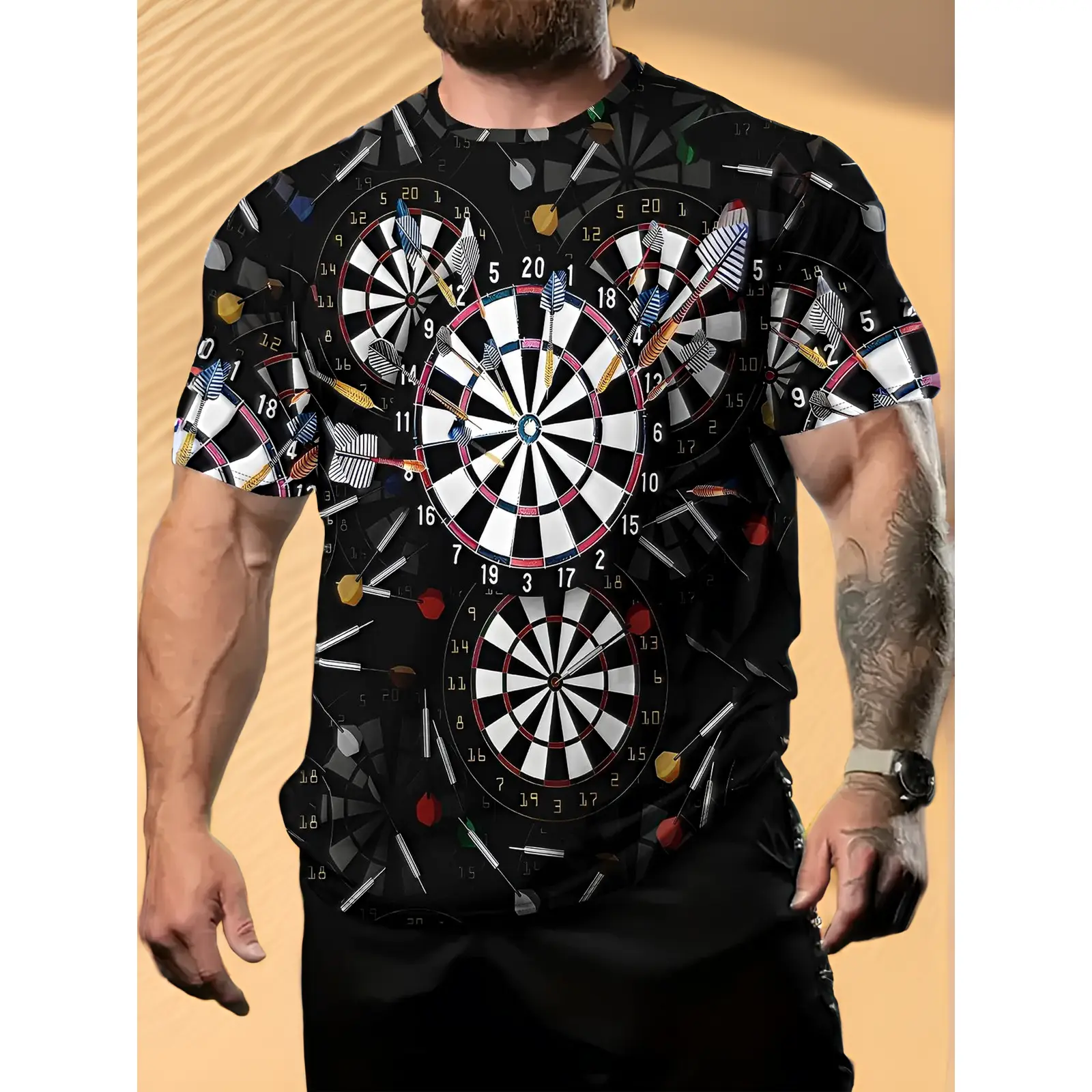 Digital Print - Men'S Dart-Themed T-Shirt, Featuring a Full Dartboard Print And Flight Design - Breathable Casual Party Wear - Available in Plus Sizes - Machine Washable Dart Apparel