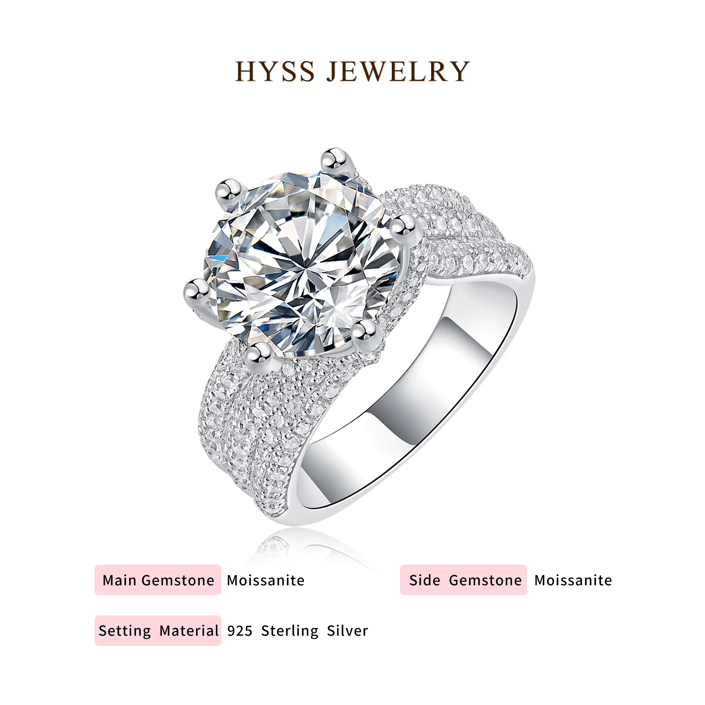 HYSS Classic Moissanite Engagement Ring for Women, Eternal Vow 925 Sterling Silver Pave Band Bridal Ring, Bridal Rings