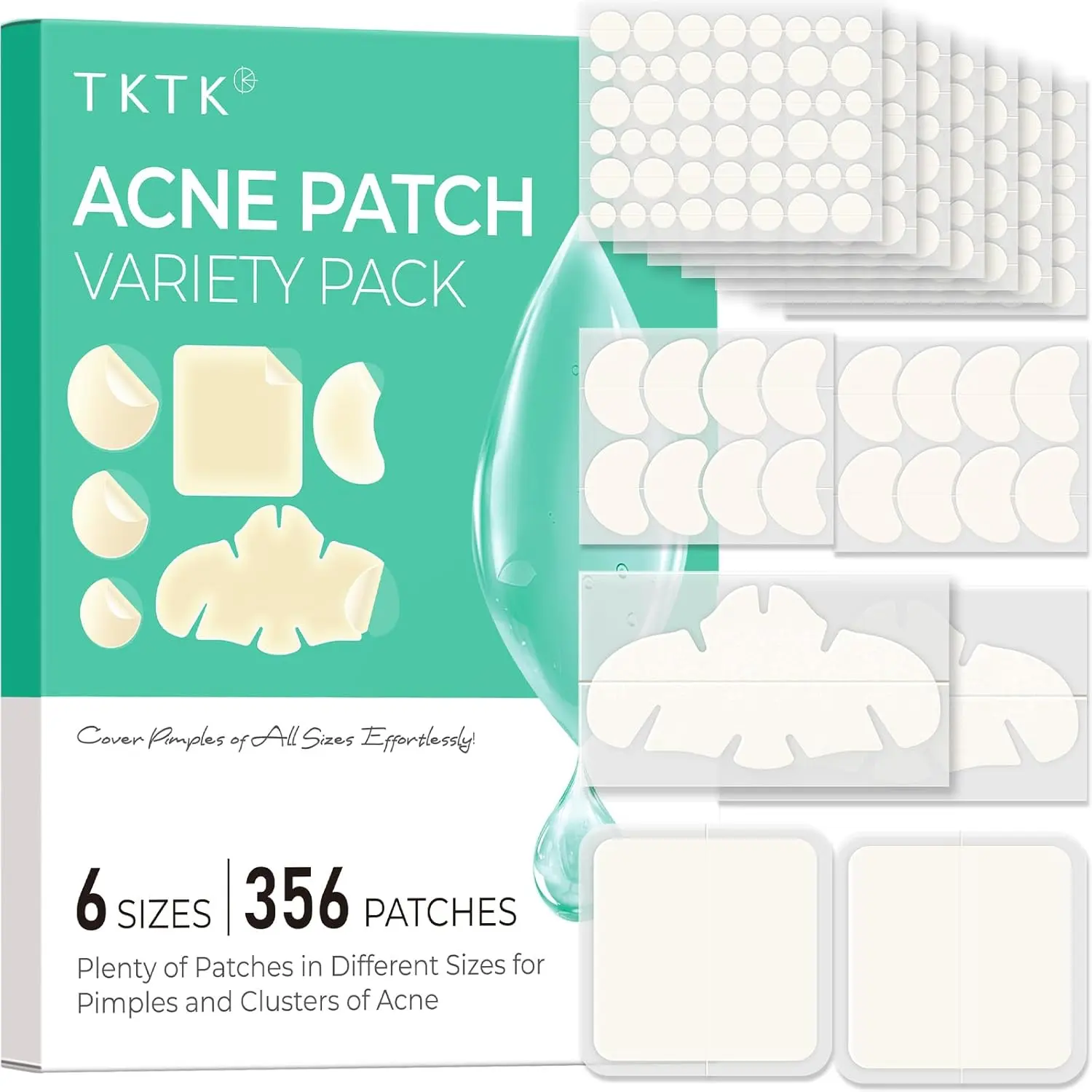TKTK Gentle Hydrocolloid Pimple Patches (Hydrocolloid Patch Multi-Pack) - Fragrance Free, 6 Sizes, 4 Shapes, 356 Count Selfcare Acne Treatment for Sensitive Skin Repair (Cheeks, Forehead Targeted)  #SummerFinds