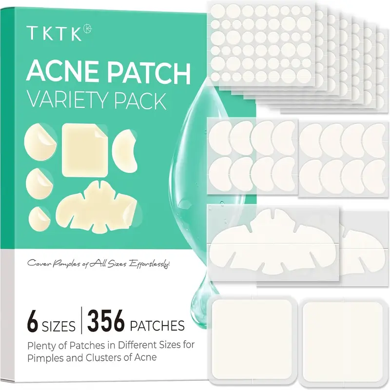 TKTK Gentle Hydrocolloid Pimple Patches - Anti-Acne Adhesive Facial Patch Treatments, 6 Sizes, 4 Shapes, 356 Count Peelable Stickers for Sensitive Skin, Skin Repair, Self Care Products, Acne Clearing Products (Cheeks, Forehead Use)