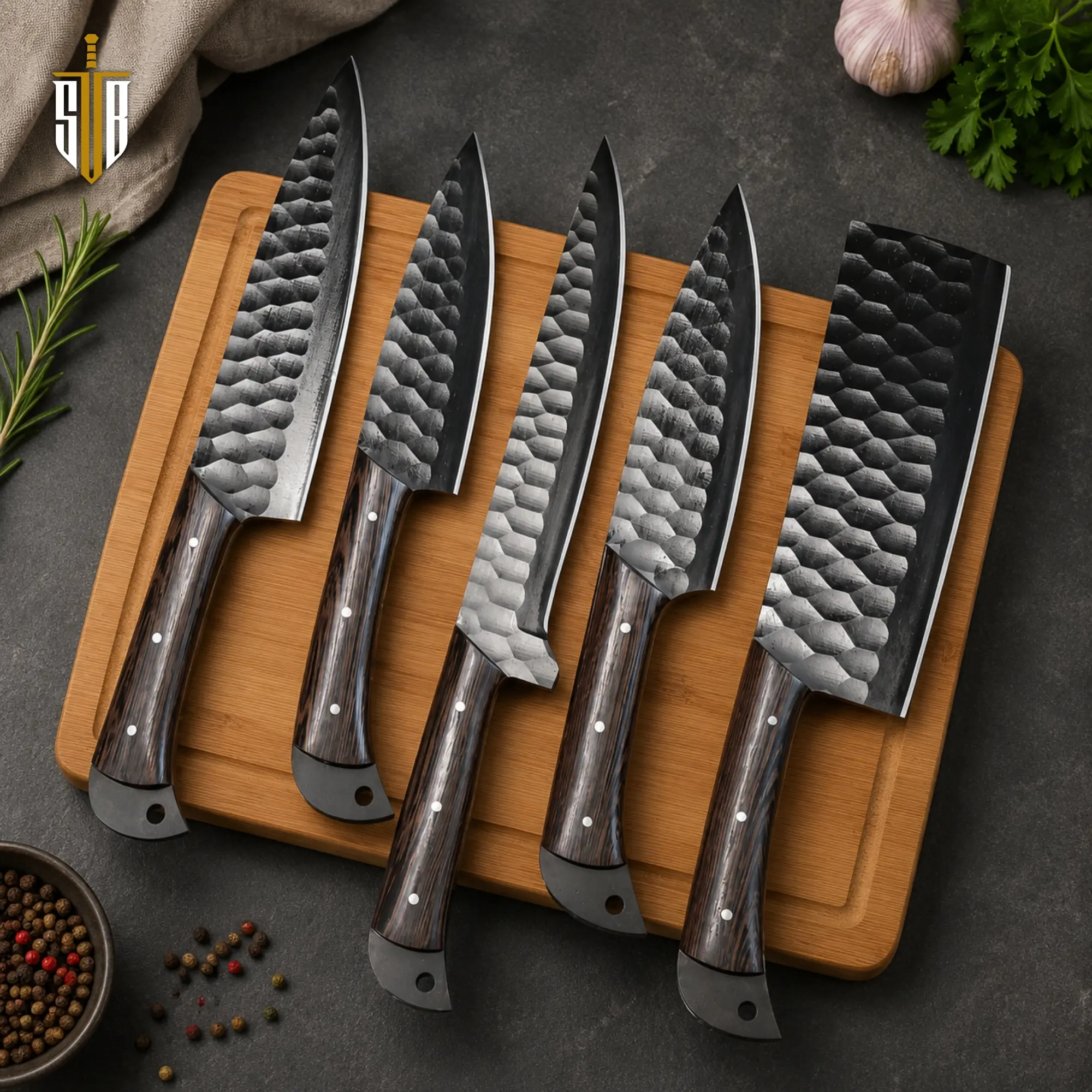 Handmade Chef Knife Set | 5Pcs High Carbon Steel Kitchen Knives | Full Tang Black Oxide Coated Blades | Wooden Handle Cutlery | Leather Cover Roll | Professional Cooking Set | Personalized Chef Gift | Gift For Him, Her, Dad, Husband